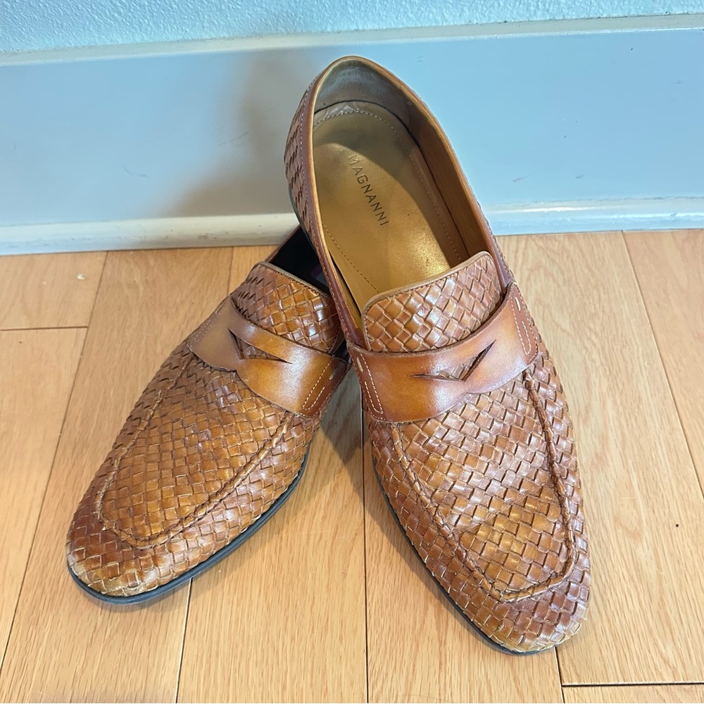 Magnanni Ramiro II Woven Brown Leather Loafers Size 9.5